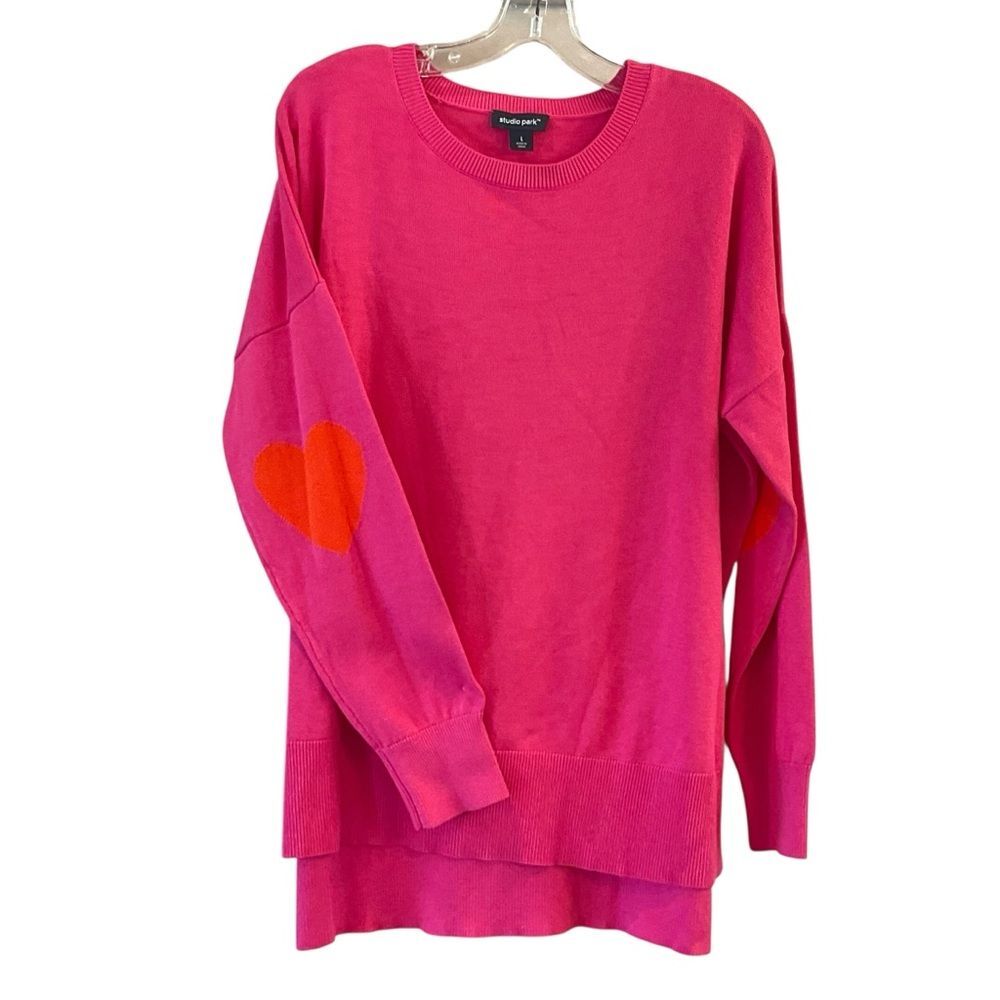 Studio Park Sz L Amy Stran Girlfriend Sweater Heart Elbows PINK/ORANGE Love